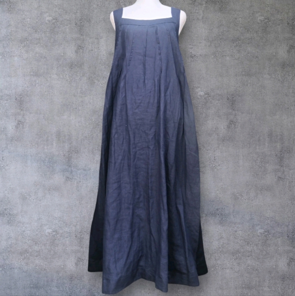 Three Graces London 100% Linen Navy Blue Maxi Dress M/L 100% Linen Coastal